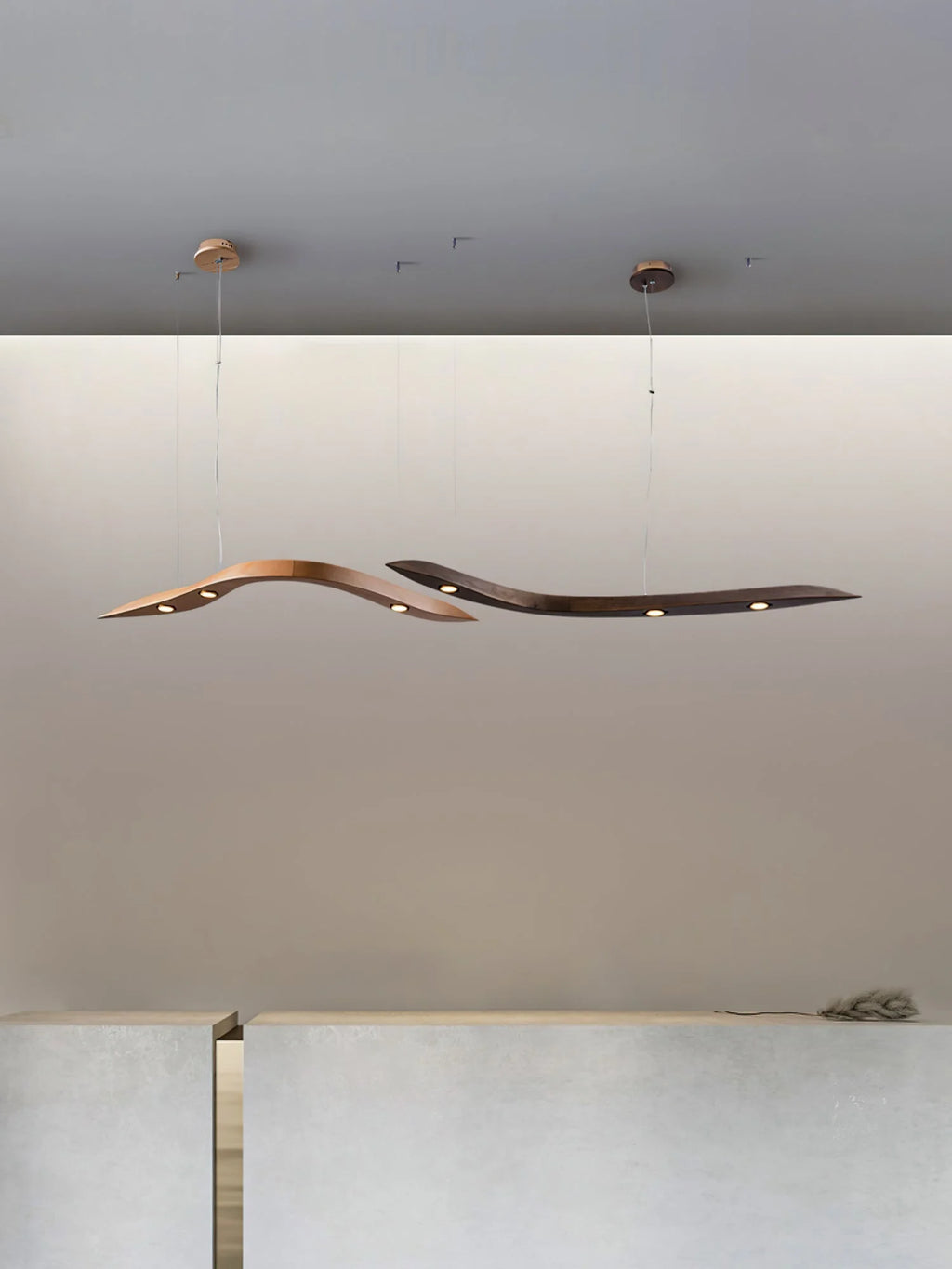 Long Art Solid Wood Chandelier, Wave Minimalist Modern Restaurant Ceiling Lamp, LED Japanese Minimalist Pendent,for Bedroom, Entryway, Dining Room, Girls Room, Foyer,Bathroom, Hallway,Luxury Lamp