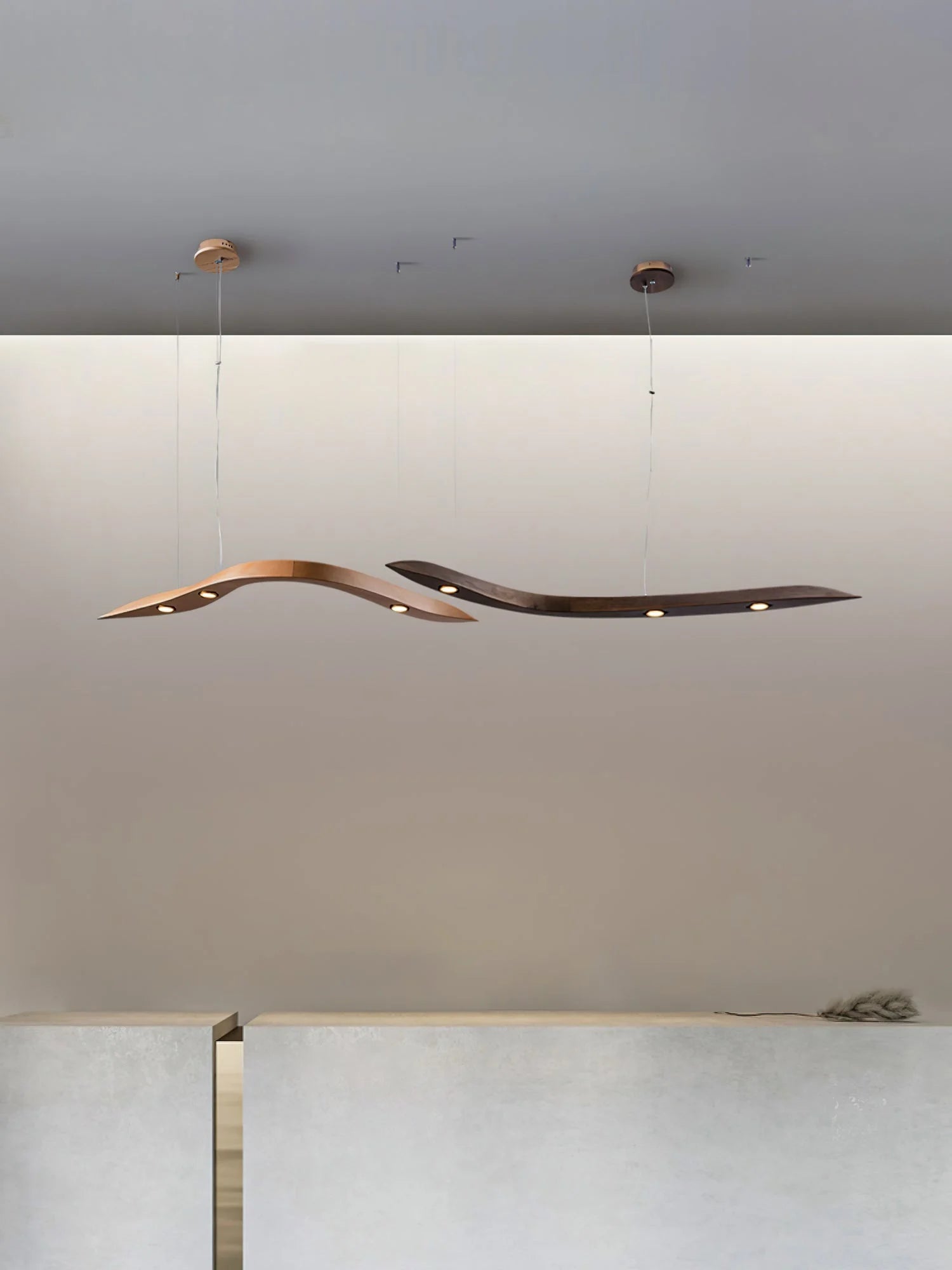 Long Art Solid Wood Chandelier, Wave Minimalist Modern Restaurant Ceiling Lamp, LED Japanese Minimalist Pendent,for Bedroom, Entryway, Dining Room, Girls Room, Foyer,Bathroom, Hallway,Luxury Lamp