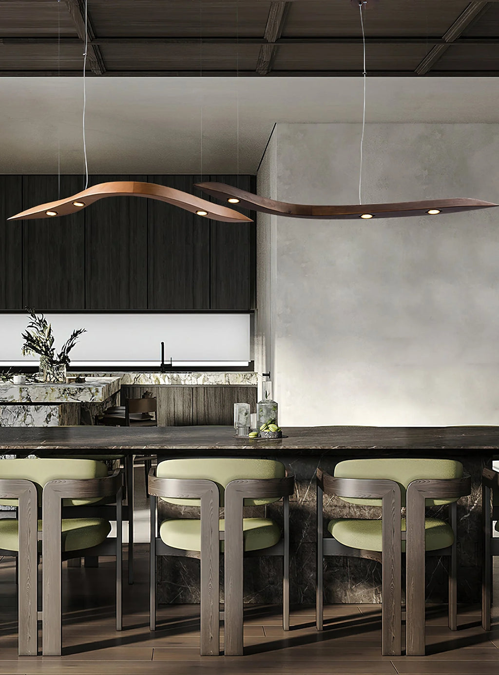 Long Art Solid Wood Chandelier, Wave Minimalist Modern Restaurant Ceiling Lamp, LED Japanese Minimalist Pendent,for Bedroom, Entryway, Dining Room, Girls Room, Foyer,Bathroom, Hallway,Luxury Lamp
