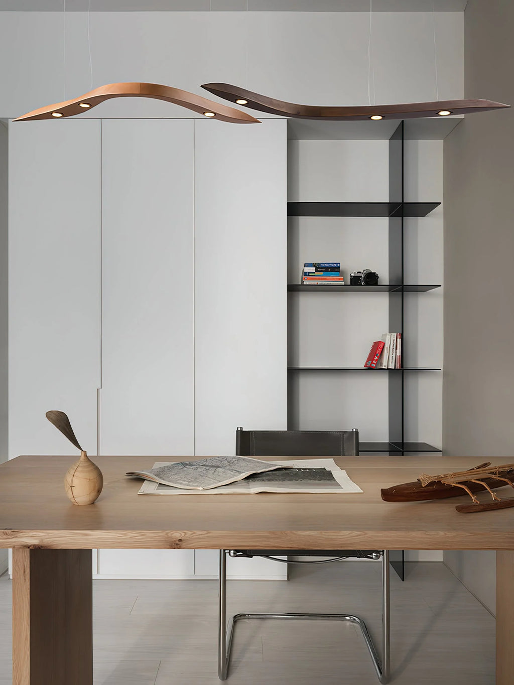 Long Art Solid Wood Chandelier, Wave Minimalist Modern Restaurant Ceiling Lamp, LED Japanese Minimalist Pendent,for Bedroom, Entryway, Dining Room, Girls Room, Foyer,Bathroom, Hallway,Luxury Lamp