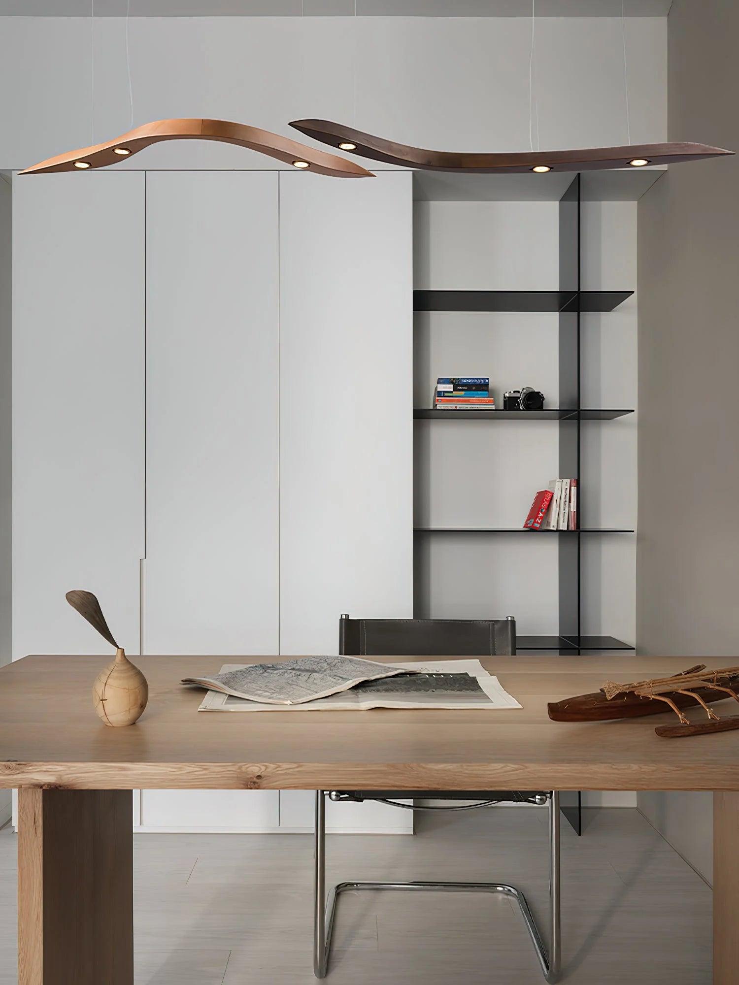 Long Art Solid Wood Chandelier, Wave Minimalist Modern Restaurant Ceiling Lamp, LED Japanese Minimalist Pendent,for Bedroom, Entryway, Dining Room, Girls Room, Foyer,Bathroom, Hallway,Luxury Lamp