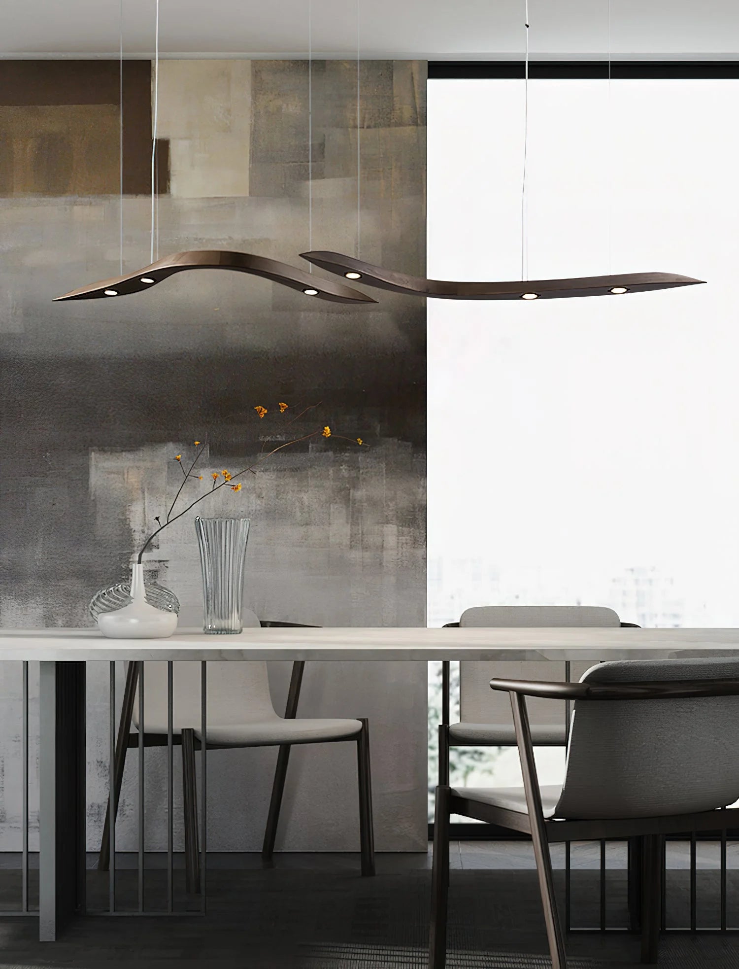 Long Art Solid Wood Chandelier, Wave Minimalist Modern Restaurant Ceiling Lamp, LED Japanese Minimalist Pendent,for Bedroom, Entryway, Dining Room, Girls Room, Foyer,Bathroom, Hallway,Luxury Lamp