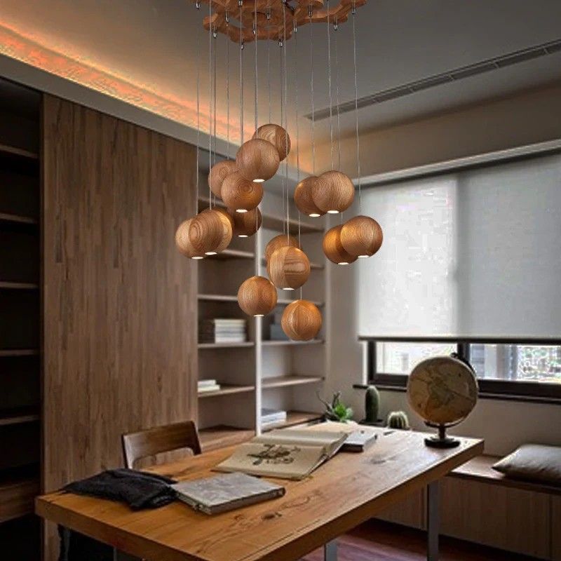 Brahma Teak Wooden Sphere Cluster Pendant Light