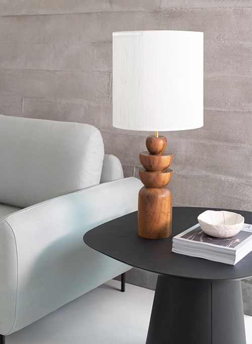 Handcrafted Wooden Table Lamp with White Fabric Shade