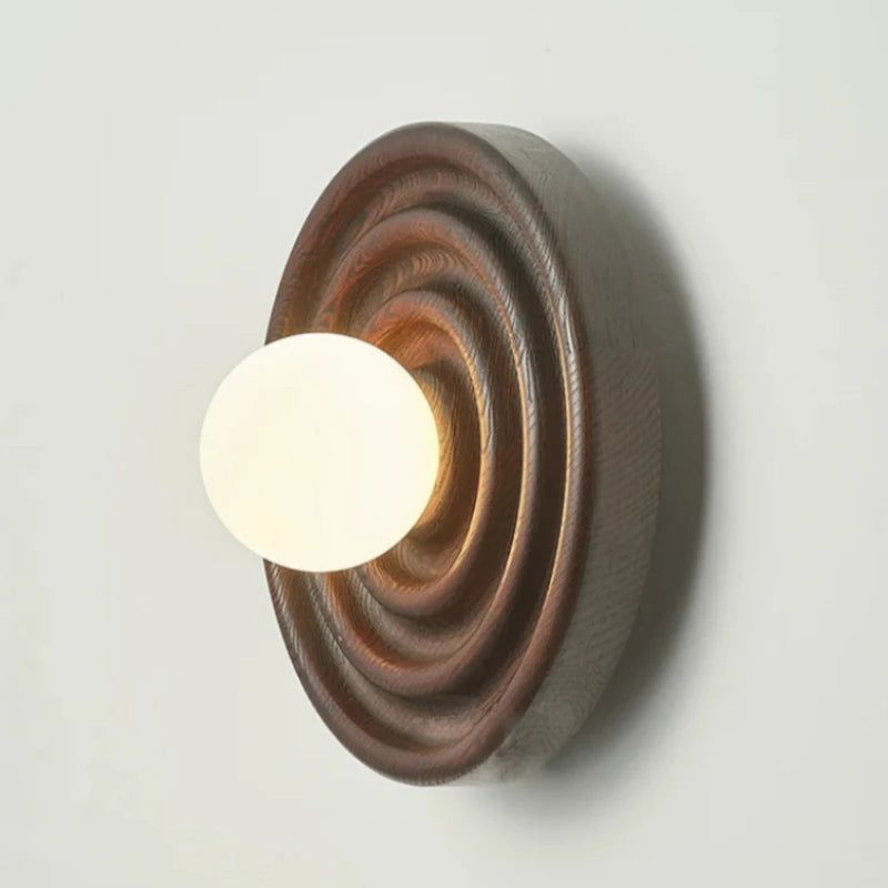 Handcrafted Round Ripple Wooden Wall Light