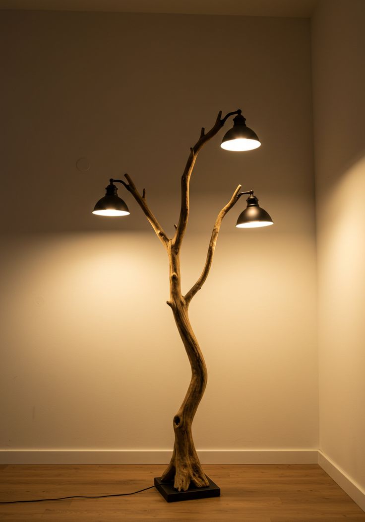 Natural Branch Wooden Floor Lamp (Triple Light Design)