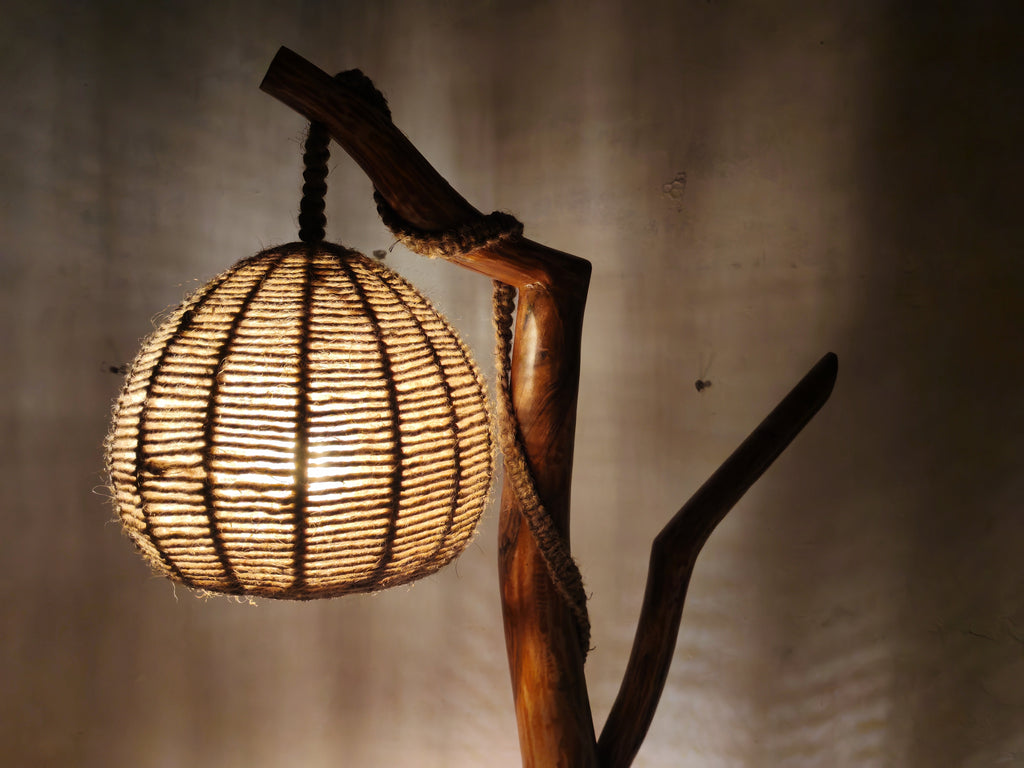 BCS Woodcraft – Brahma Teak Tree Floor Lamp with Handwoven Rattan Shades