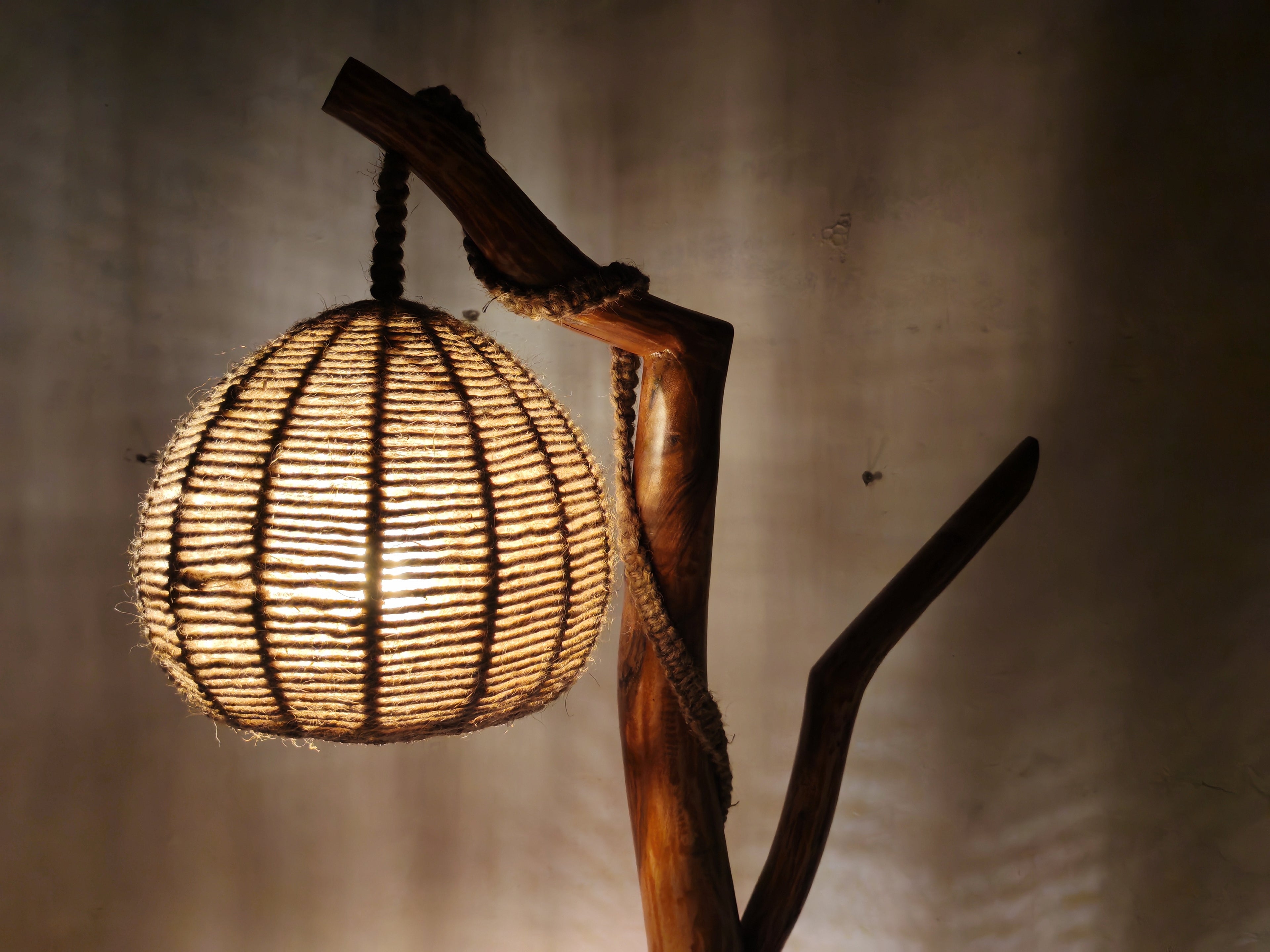 BCS Woodcraft – Brahma Teak Tree Floor Lamp with Handwoven Rattan Shades