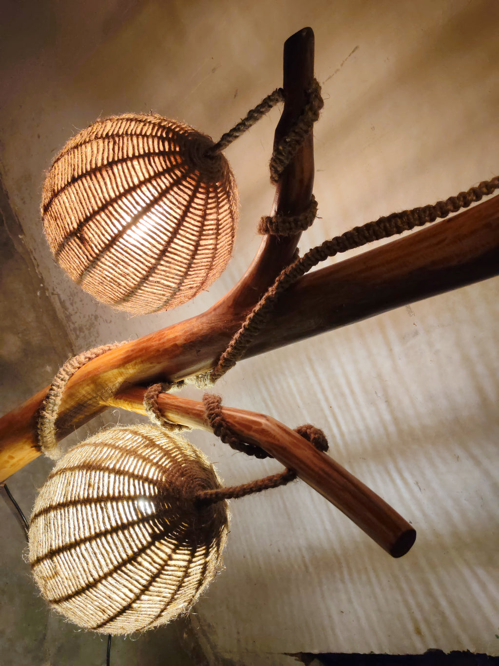 BCS Woodcraft – Brahma Teak Tree Floor Lamp with Handwoven Rattan Shades