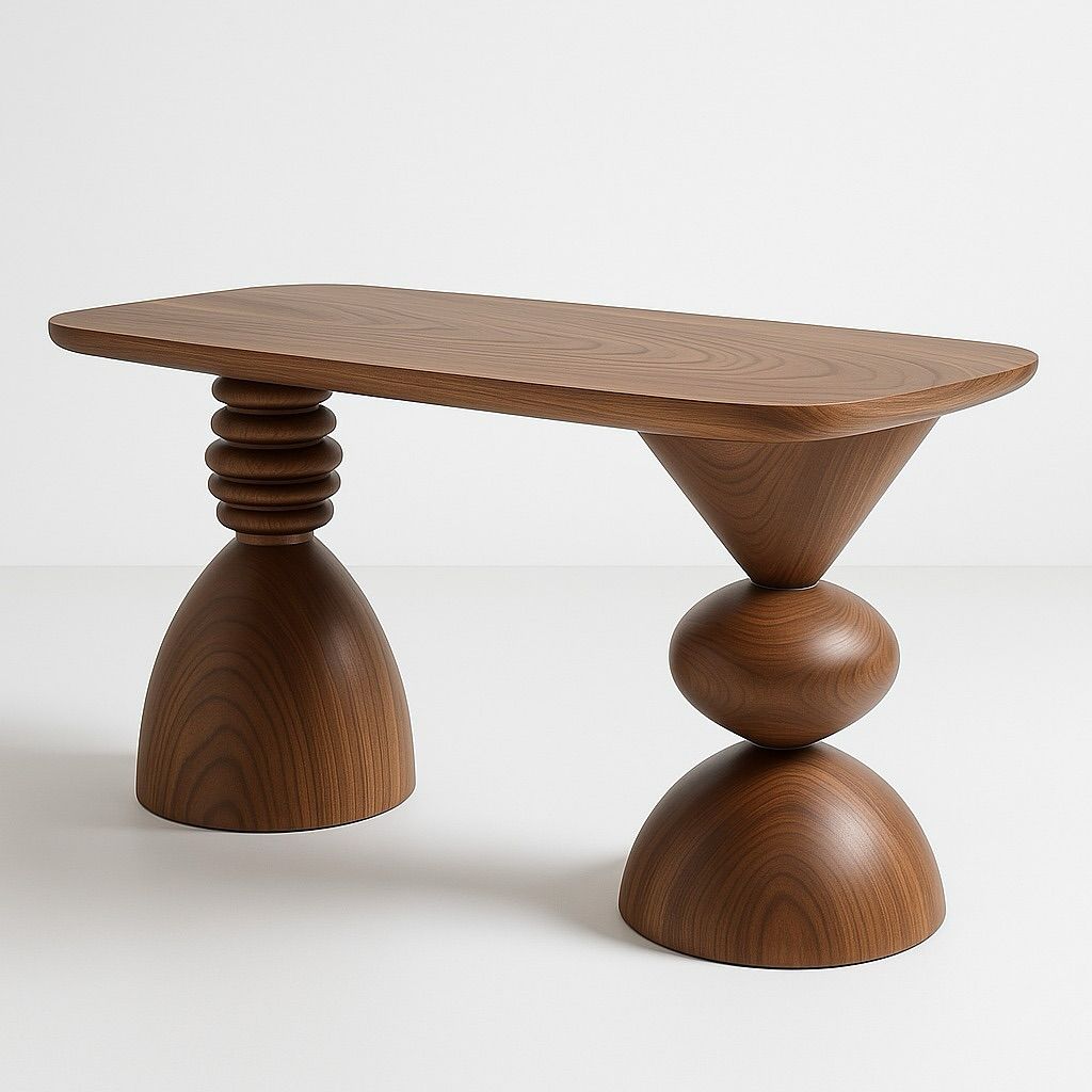 Sculptural Dual-Pillar Designer Wooden Table