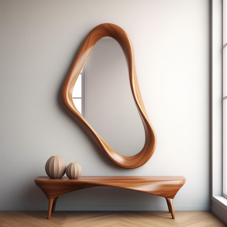 Contemporary Curved Wooden Mirror with Designer Console