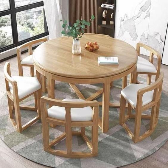 6-Seater Round Dining Table Set – Space Saving Folding Chair Design (Brahma Teak Wood)