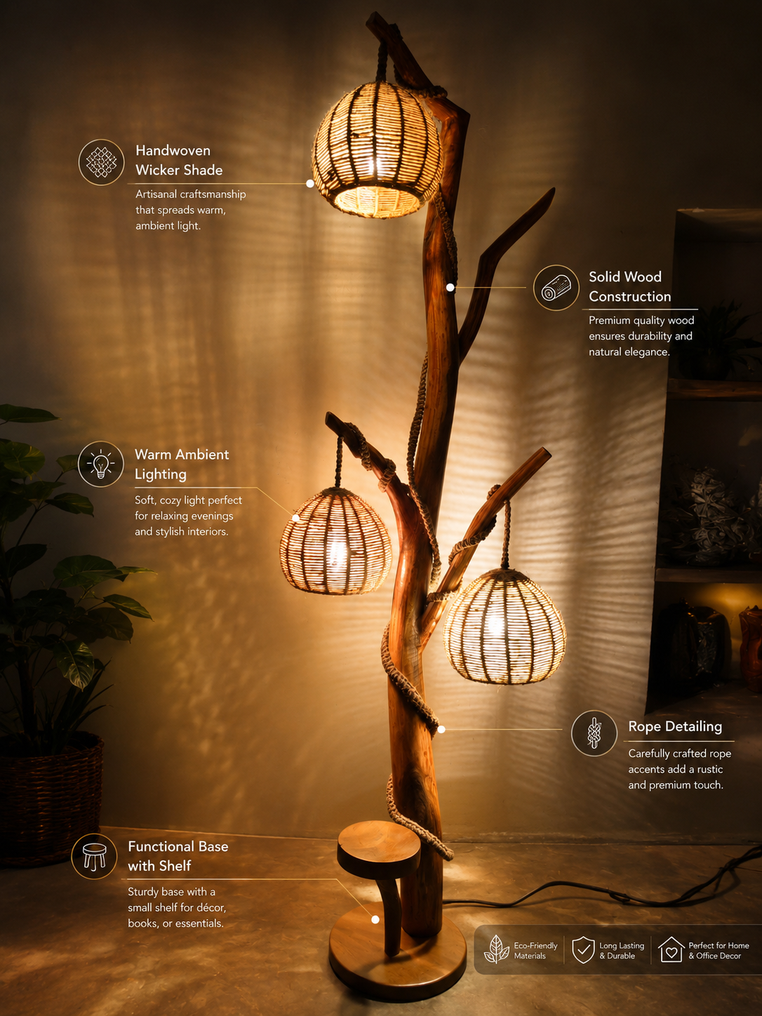 BCS Woodcraft – Brahma Teak Tree Floor Lamp with Handwoven Rattan Shades