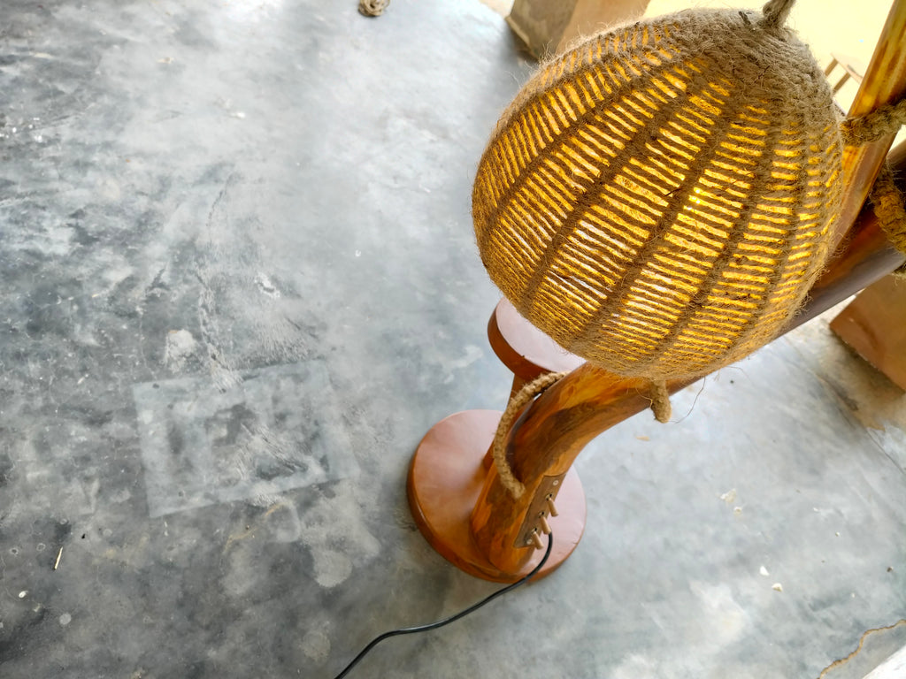 BCS Woodcraft – Brahma Teak Tree Floor Lamp with Handwoven Rattan Shades