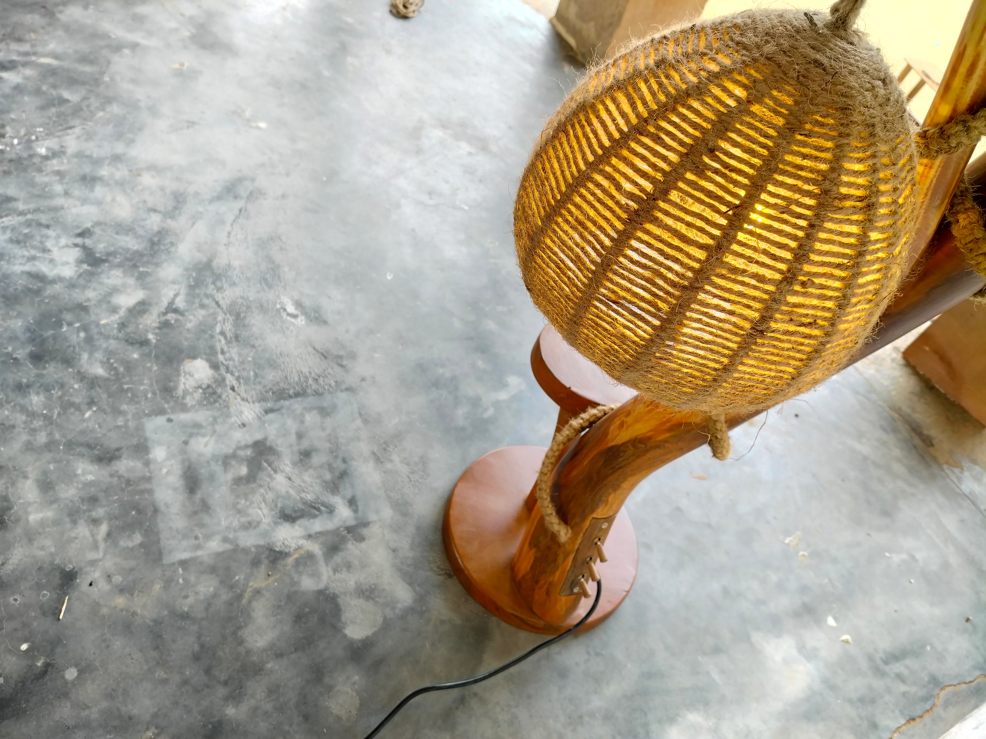 BCS Woodcraft – Brahma Teak Tree Floor Lamp with Handwoven Rattan Shades