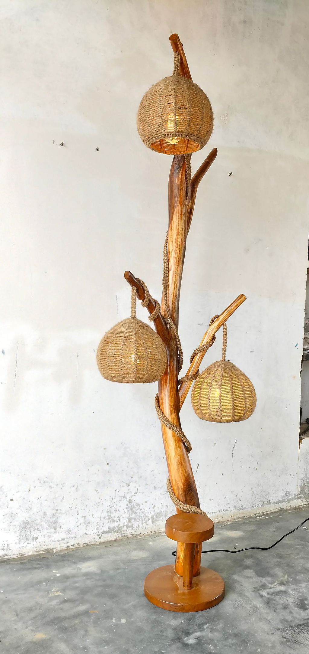 BCS Woodcraft – Brahma Teak Tree Floor Lamp with Handwoven Rattan Shades