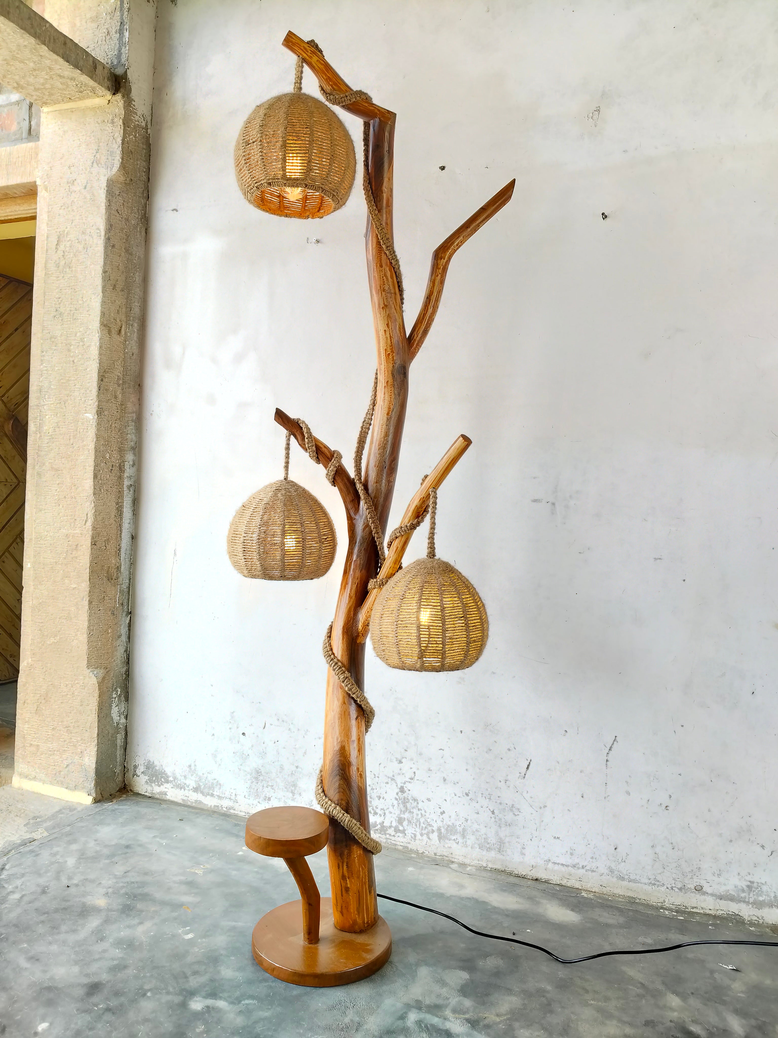 BCS Woodcraft – Brahma Teak Tree Floor Lamp with Handwoven Rattan Shades