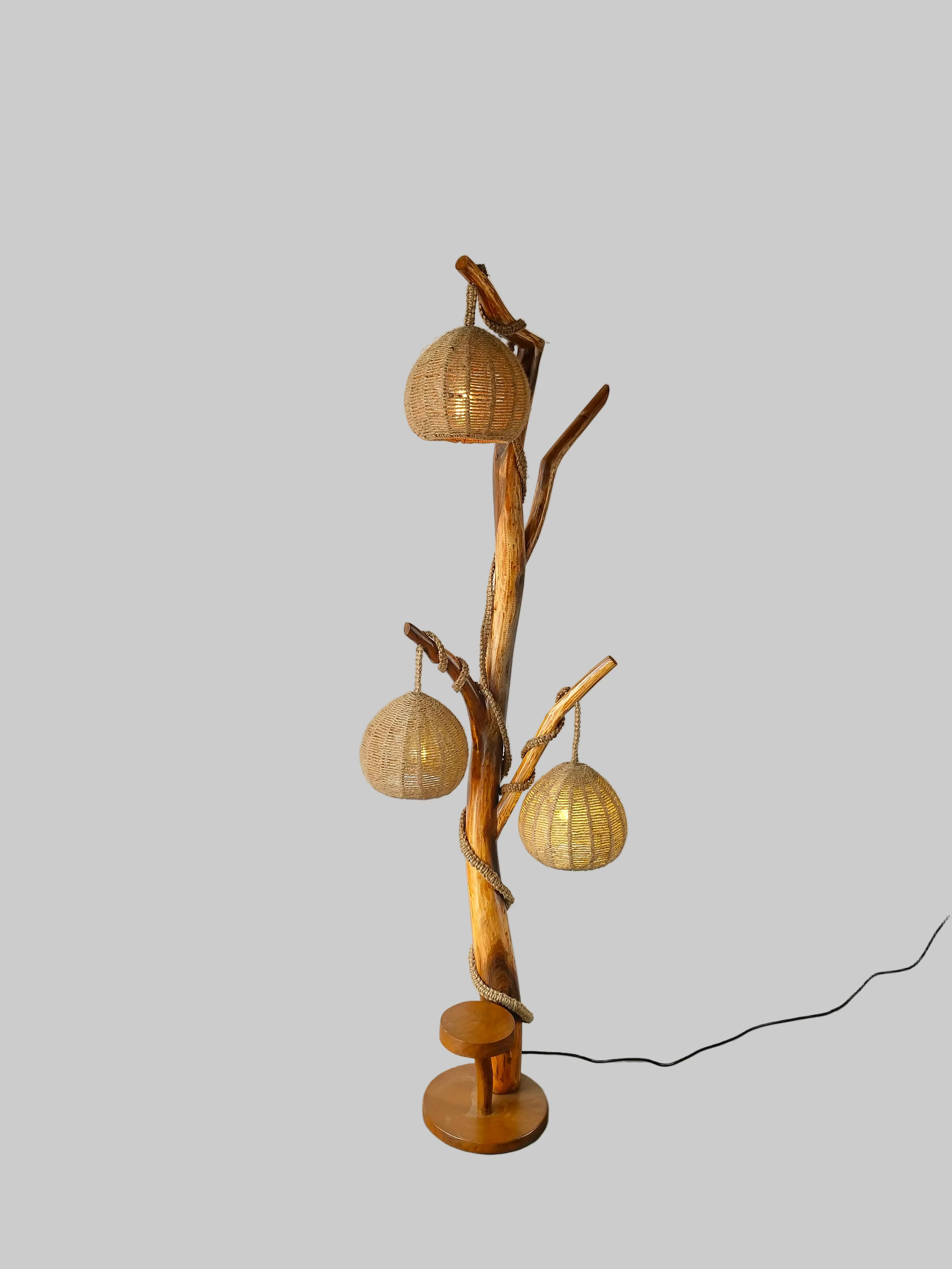 BCS Woodcraft – Brahma Teak Tree Floor Lamp with Handwoven Rattan Shades