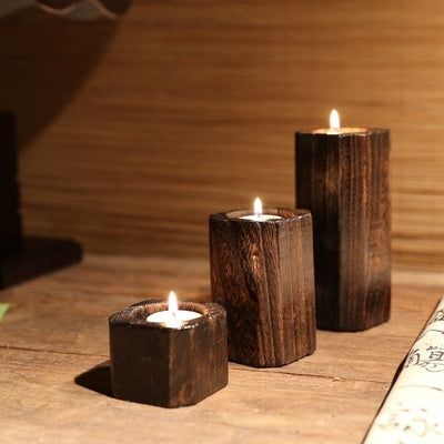 Rustic Block Wooden Candle Stand Set (Set of 3)