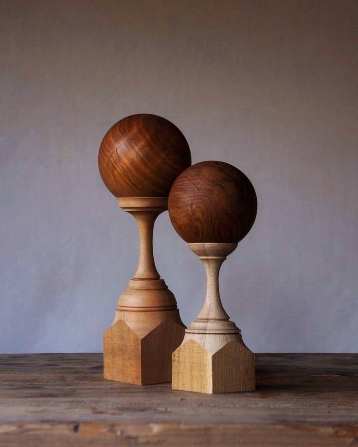 BCS Brahma Teak Wood Spherical Totem Pair (Natural Harmony Series)